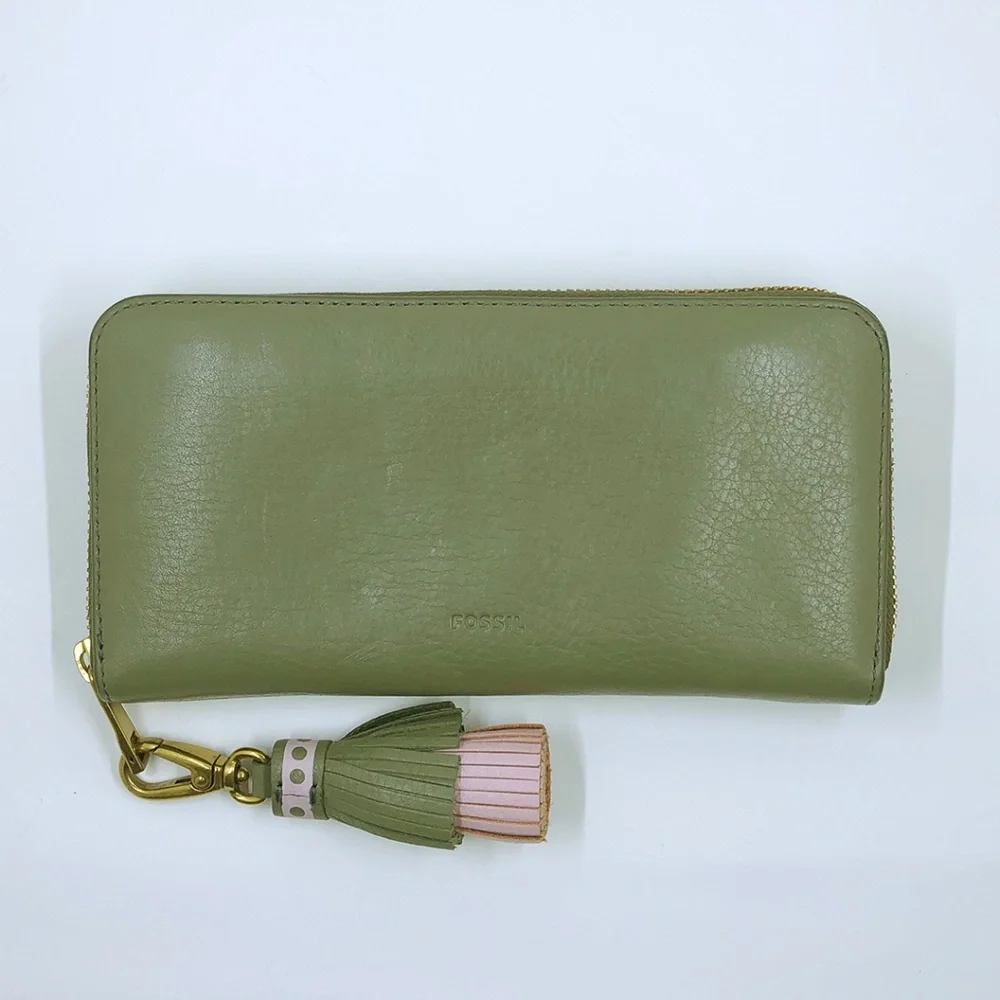 Fossil Army Green Logan Zip Clutch Wallet with Matching Tassel